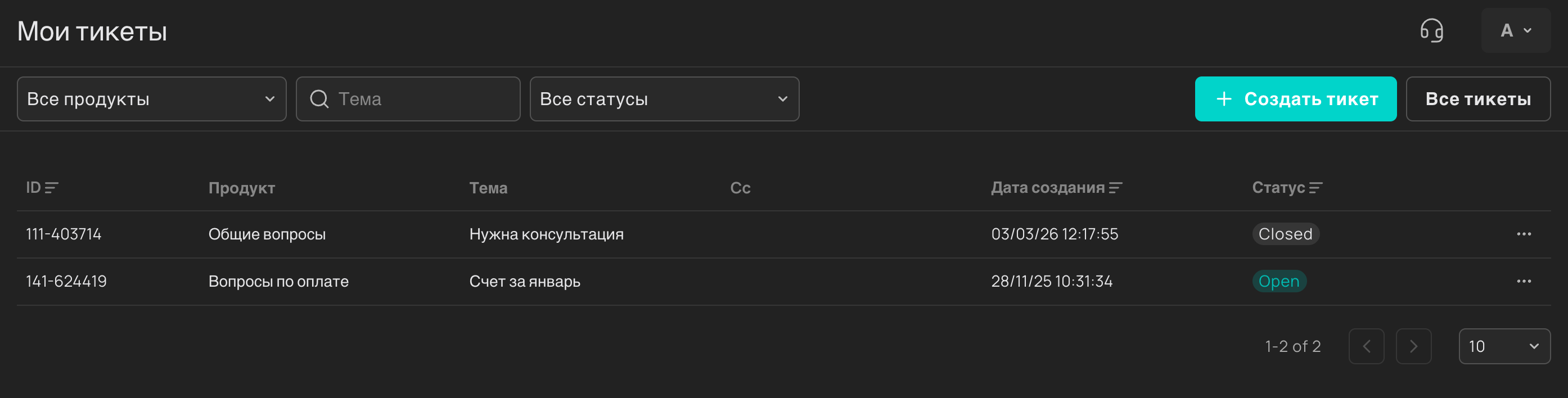 Статусы тикетов
